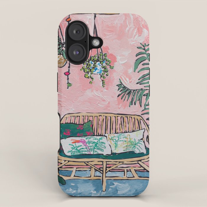Rattan Bench in Painterly Pink Jungle Room iPhone Case Gallery Image 1