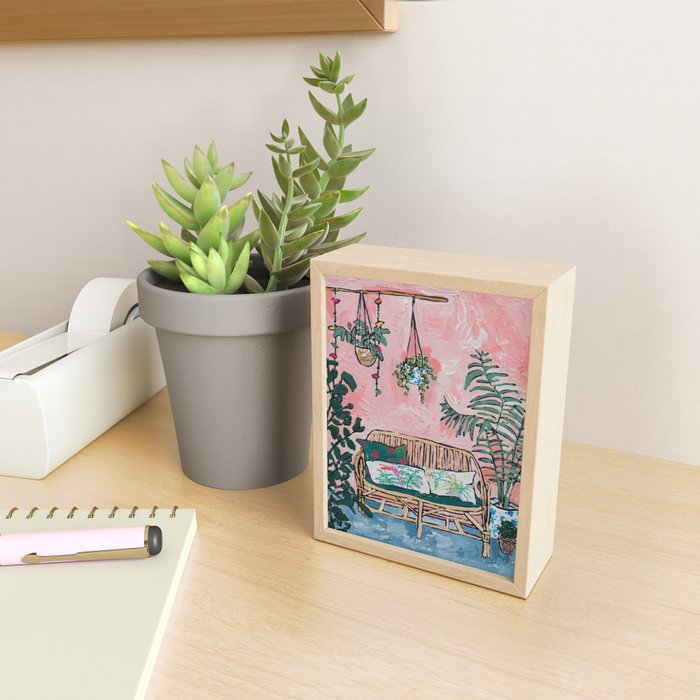 Rattan Bench in Painterly Pink Jungle Room Mini Art Print Gallery Image 2