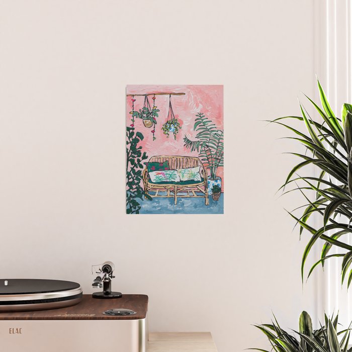 Rattan Bench in Painterly Pink Jungle Room Poster Gallery Image 2