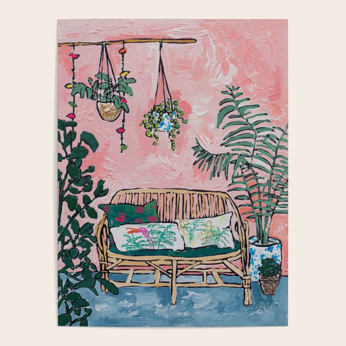 Rattan Bench in Painterly Pink Jungle Room Poster Gallery Image 1