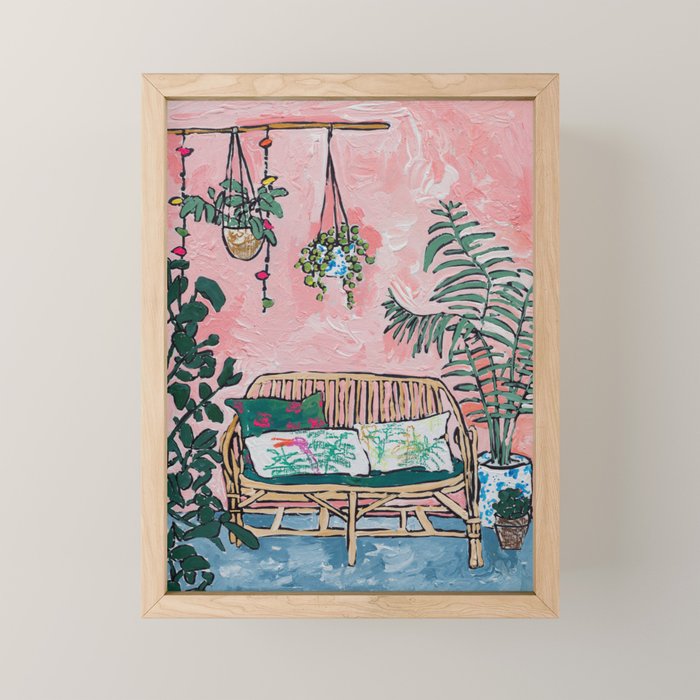 Rattan Bench in Painterly Pink Jungle Room Mini Art Print Gallery Image 1