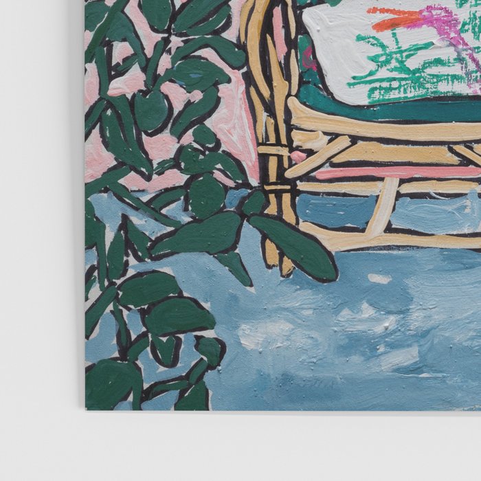 Rattan Bench in Painterly Pink Jungle Room Poster Gallery Image 3