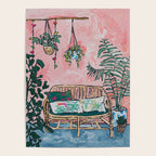 Rattan Bench in Painterly Pink Jungle Room Poster Gallery Image 4