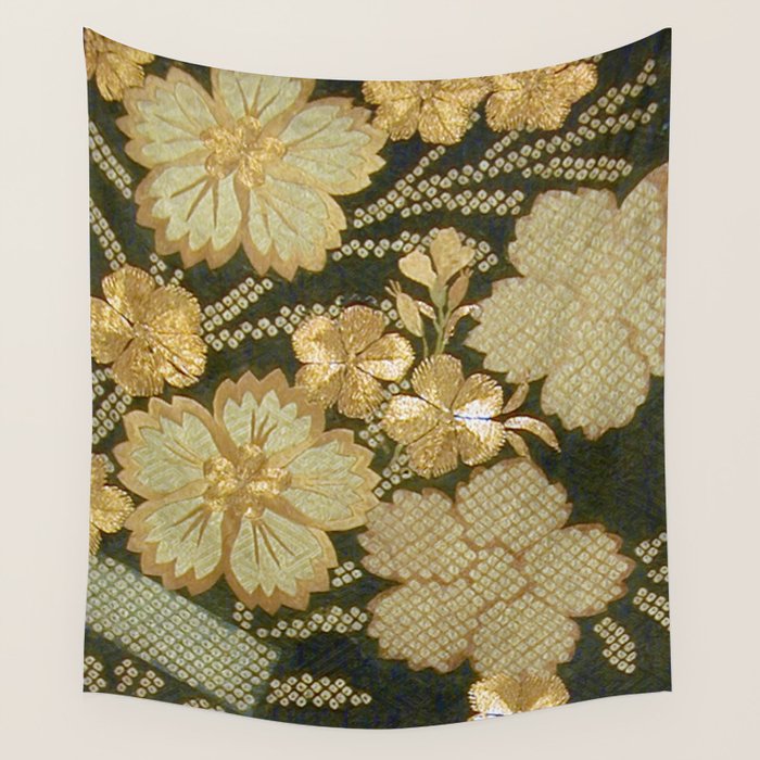Edo Period Floral Kimono Fragment Print Wall Tapestry Gallery Image 1