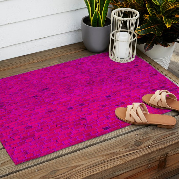Bright Neon Hot Pink Fuchsia Brick Wall Outdoor Rug Gallery Image 2