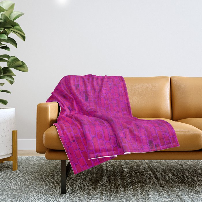 Bright Neon Hot Pink Fuchsia Brick Wall Throw Blanket Gallery Image 1