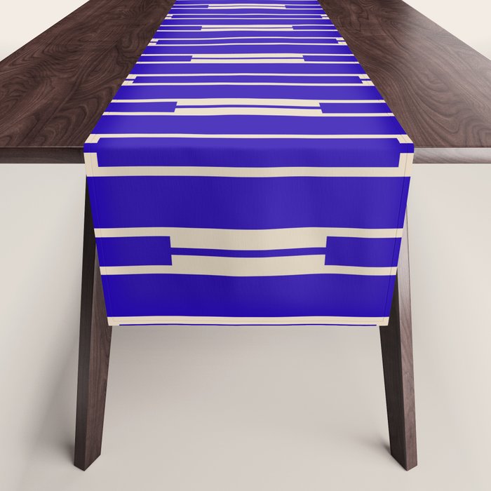 Minimalist Geo Chain Vertical Block Stripe Pattern in Cobalt Blue and Beige Table Runner Gallery Image 1