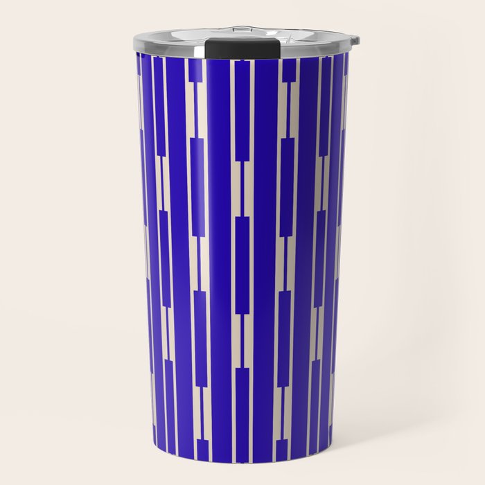 Minimalist Geo Chain Vertical Block Stripe Pattern in Cobalt Blue and Beige Travel Mug Gallery Image 1
