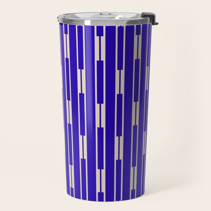 Minimalist Geo Chain Vertical Block Stripe Pattern in Cobalt Blue and Beige Travel Mug Gallery Image 2