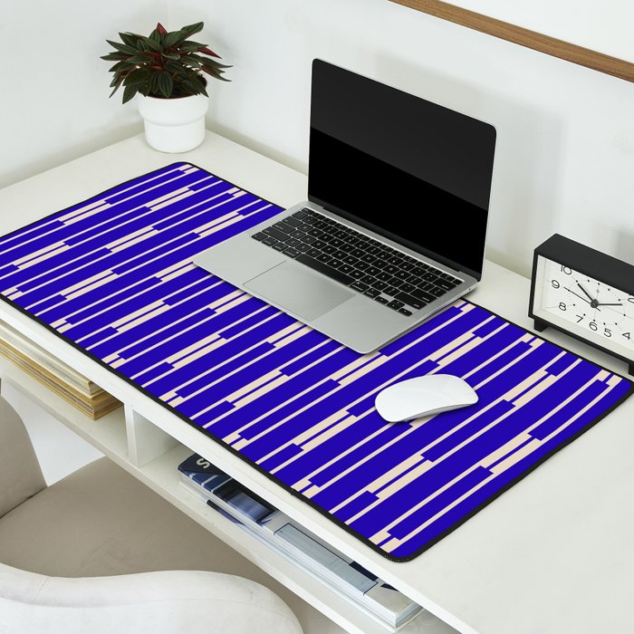 Minimalist Geo Chain Vertical Block Stripe Pattern in Cobalt Blue and Beige Desk Mat Gallery Image 2
