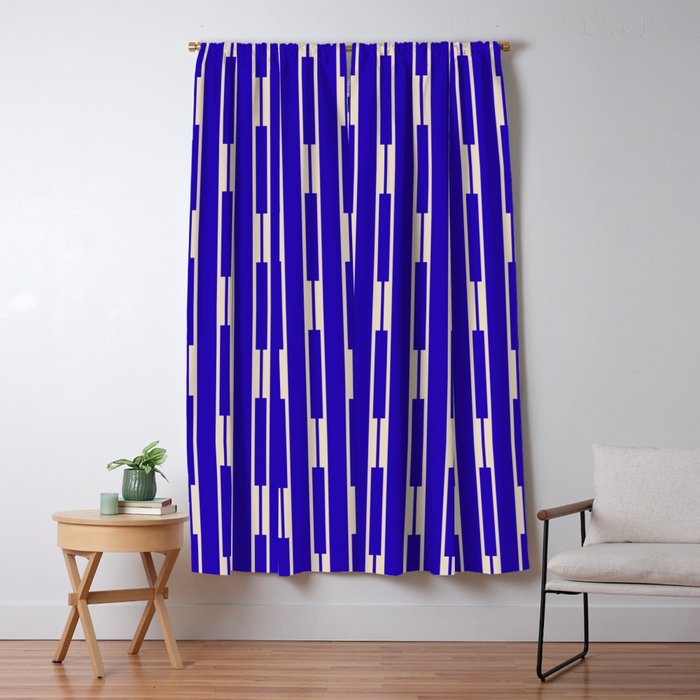 Minimalist Geo Chain Vertical Block Stripe Pattern in Cobalt Blue and Beige Window Curtain Gallery Image 1
