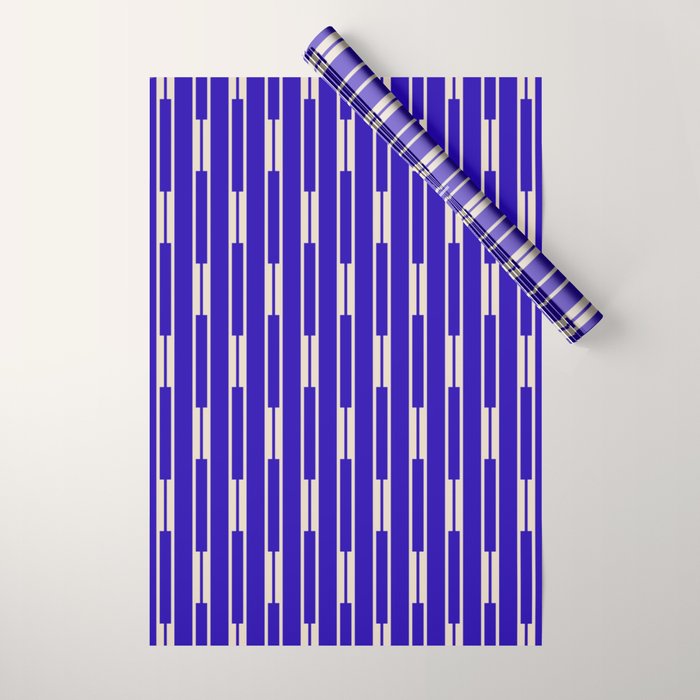 Minimalist Geo Chain Vertical Block Stripe Pattern in Cobalt Blue and Beige Wrapping Paper Gallery Image 1