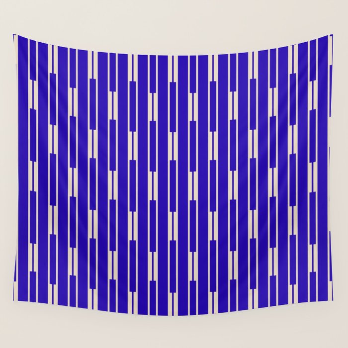 Minimalist Geo Chain Vertical Block Stripe Pattern in Cobalt Blue and Beige Wall Tapestry Gallery Image 1