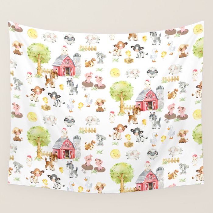 Watercolor Farm Animals Wall Tapestry Gallery Image 4