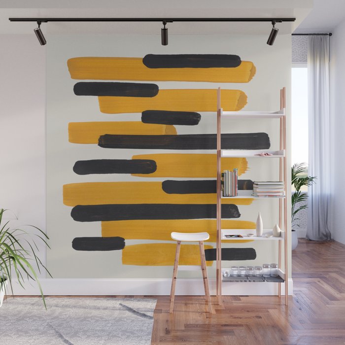 Mid Century Modern Abstract Painting Antique Yellow Black Bumble Bee Stripes Wall Mural Gallery Image 1