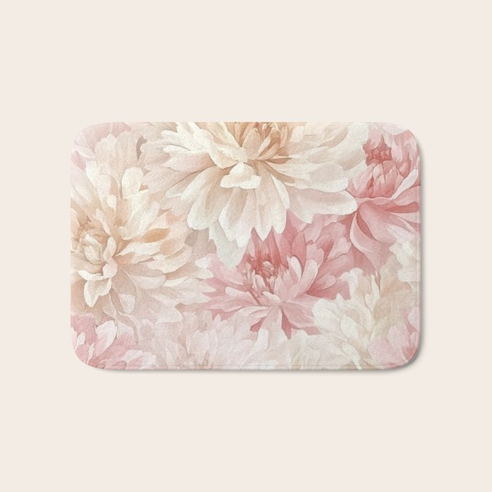 Large Cream and Blush Pink Watercolor Peonies Flowers Bath Mat Gallery Image 1
