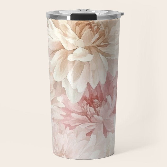Large Cream and Blush Pink Watercolor Peonies Flowers Travel Mug Gallery Image 1