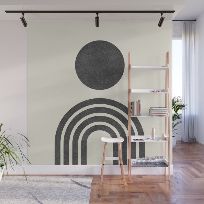 Mid century modern black and white sun and rainbow Wall Mural Gallery Image 1