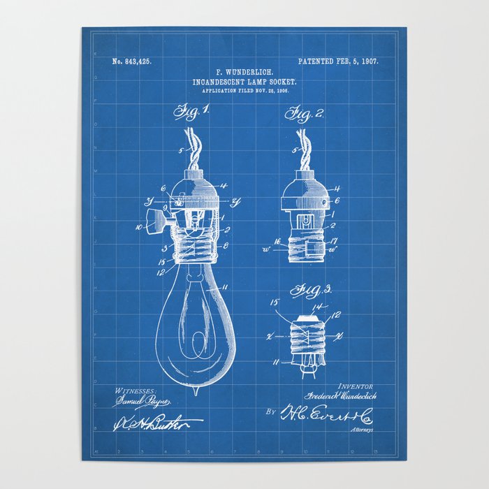Light Bulb Patent - Designer Industrial Design Art - Blueprint Poster Gallery Image 1