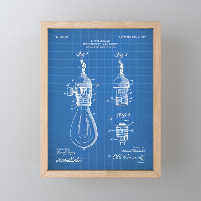 Light Bulb Patent - Designer Industrial Design Art - Blueprint Mini Art Print Gallery Image 1