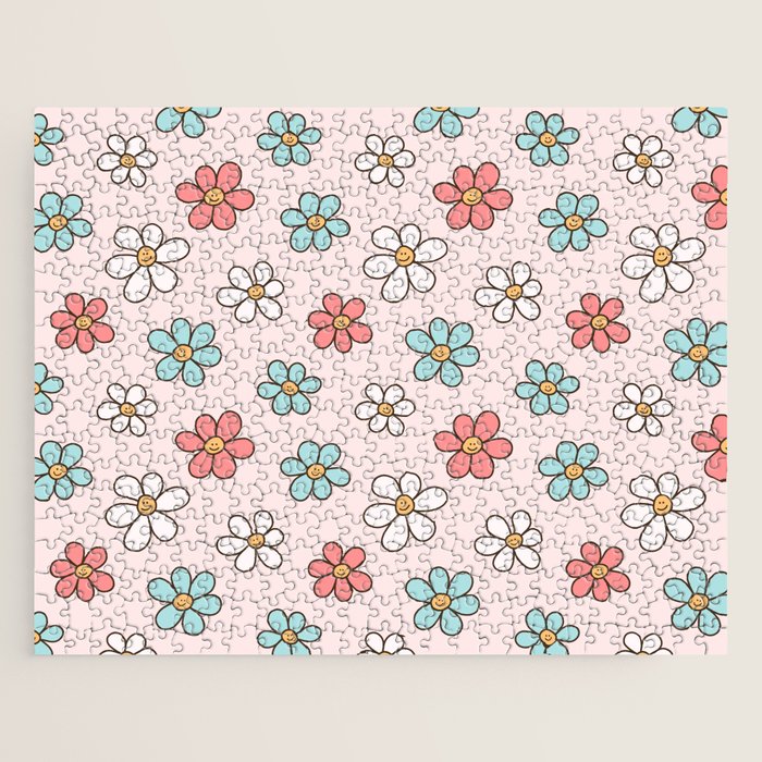 Happy Daisy Pattern, Cute and Fun Smiling Colorful Daisies Jigsaw Puzzle Gallery Image 1