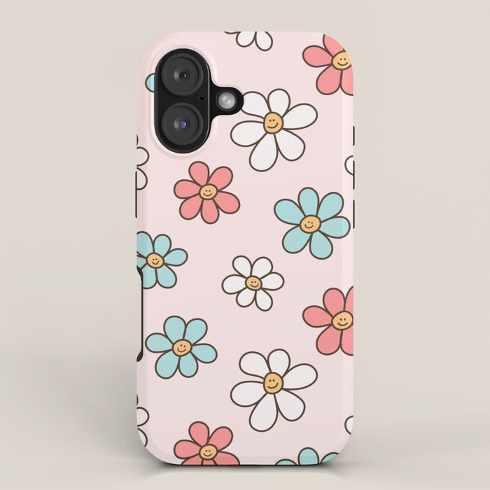 Happy Daisy Pattern, Cute and Fun Smiling Colorful Daisies iPhone Case Gallery Image 1