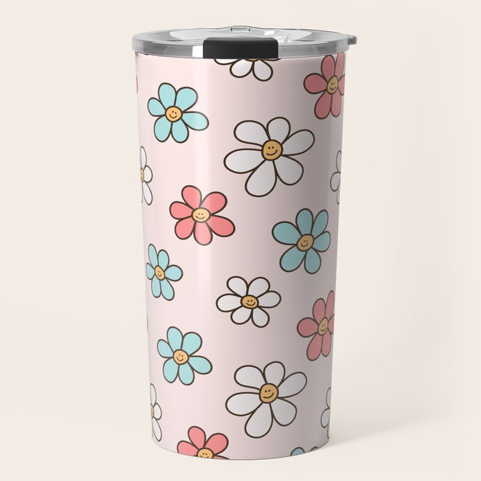 Happy Daisy Pattern, Cute and Fun Smiling Colorful Daisies Travel Mug Gallery Image 1
