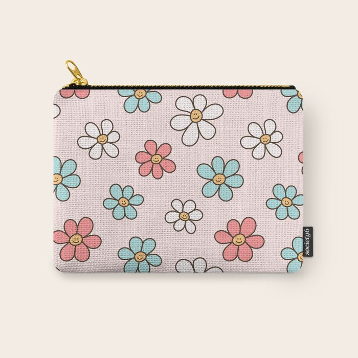 Happy Daisy Pattern, Cute and Fun Smiling Colorful Daisies Carry All Pouch Gallery Image 1