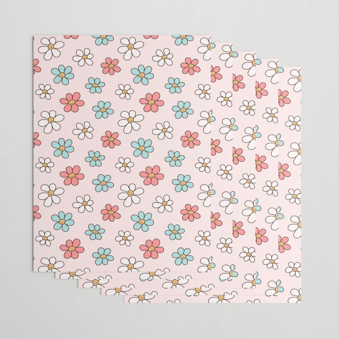Happy Daisy Pattern, Cute and Fun Smiling Colorful Daisies Wrapping Paper Gallery Image 3