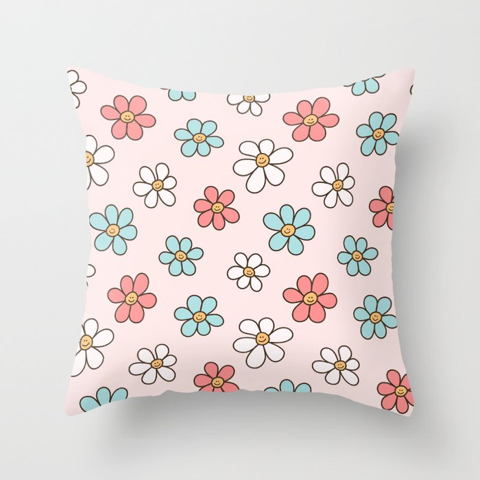 Happy Daisy Pattern, Cute and Fun Smiling Colorful Daisies Throw Pillow Gallery Image 6