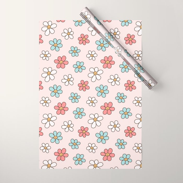 Happy Daisy Pattern, Cute and Fun Smiling Colorful Daisies Wrapping Paper Gallery Image 1