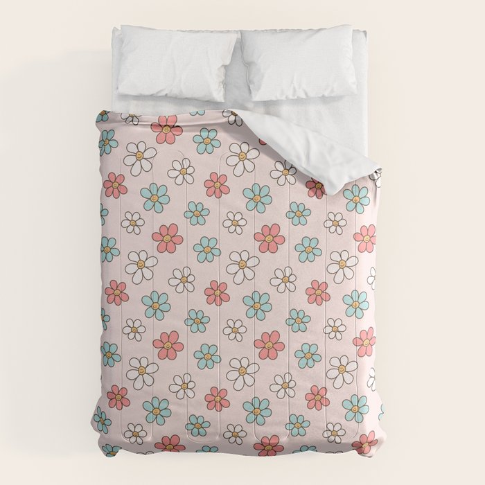 Happy Daisy Pattern, Cute and Fun Smiling Colorful Daisies Comforter Gallery Image 1