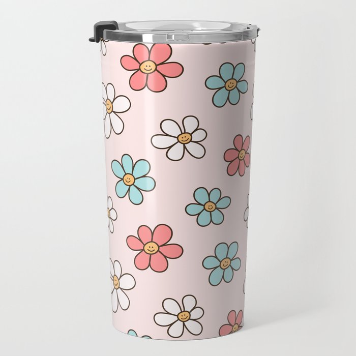 Happy Daisy Pattern, Cute and Fun Smiling Colorful Daisies Travel Mug Gallery Image 3