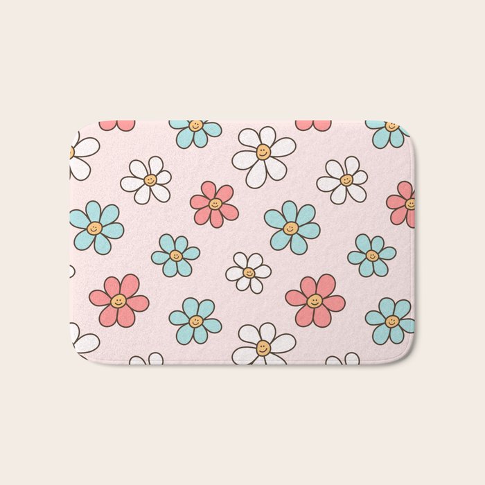 Happy Daisy Pattern, Cute and Fun Smiling Colorful Daisies Bath Mat Gallery Image 1