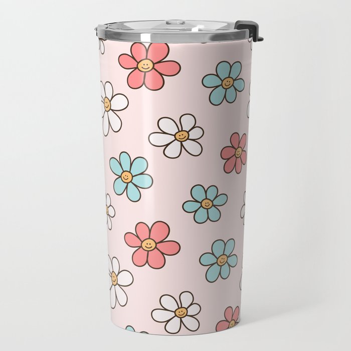 Happy Daisy Pattern, Cute and Fun Smiling Colorful Daisies Travel Mug Gallery Image 2