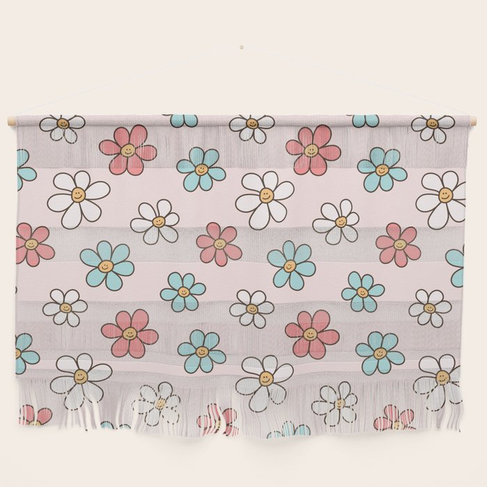 Happy Daisy Pattern, Cute and Fun Smiling Colorful Daisies Wall Hanging Gallery Image 1