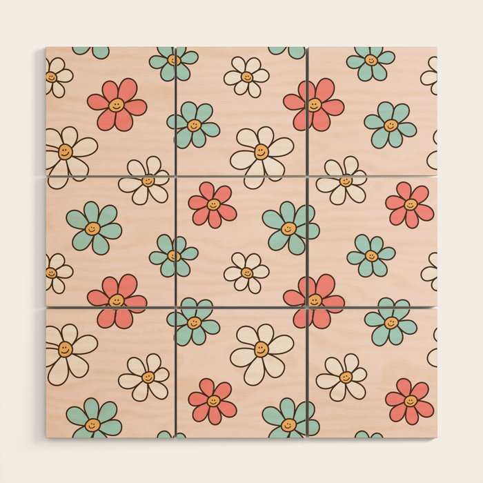 Happy Daisy Pattern, Cute and Fun Smiling Colorful Daisies Wood Wall Art Gallery Image 1