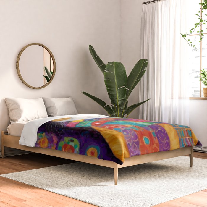 Gustav Klimt Style Painting of Tabby Cat with Green Eyes Comforter Gallery Image 2