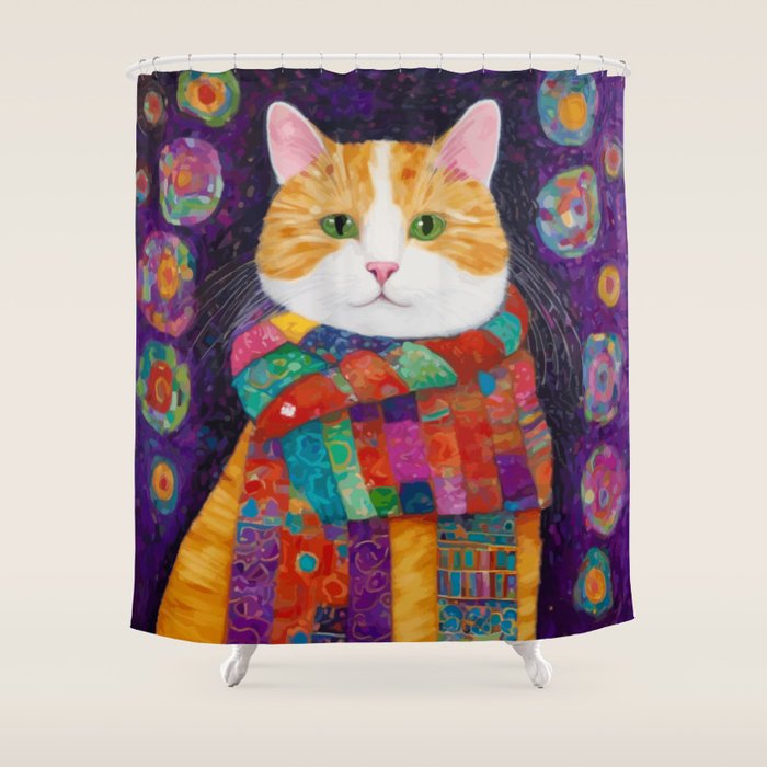 Gustav Klimt Style Painting of Tabby Cat with Green Eyes Shower Curtain Gallery Image 1
