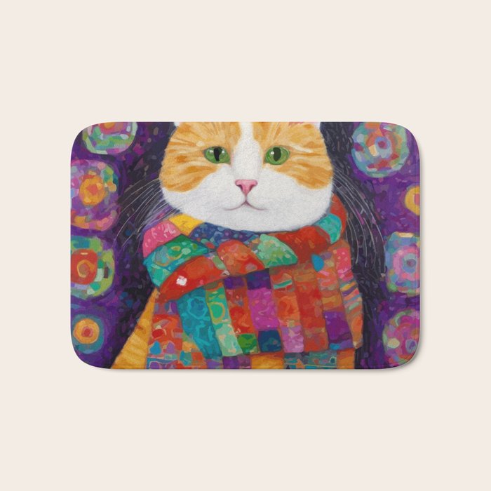 Gustav Klimt Style Painting of Tabby Cat with Green Eyes Bath Mat Gallery Image 1