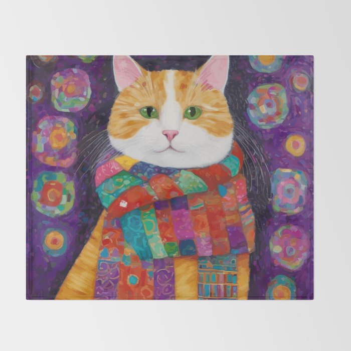 Gustav Klimt Style Painting of Tabby Cat with Green Eyes Throw Blanket Gallery Image 2