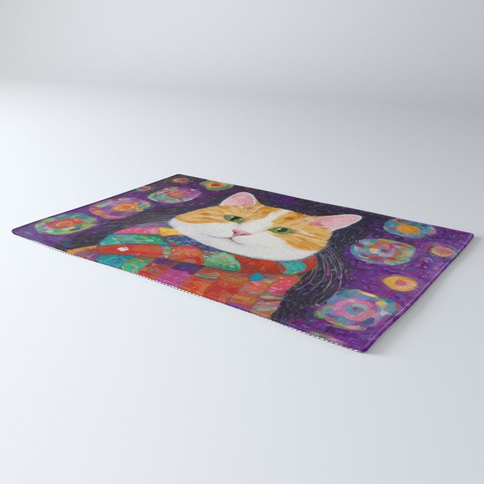 Gustav Klimt Style Painting of Tabby Cat with Green Eyes Rug Gallery Image 3