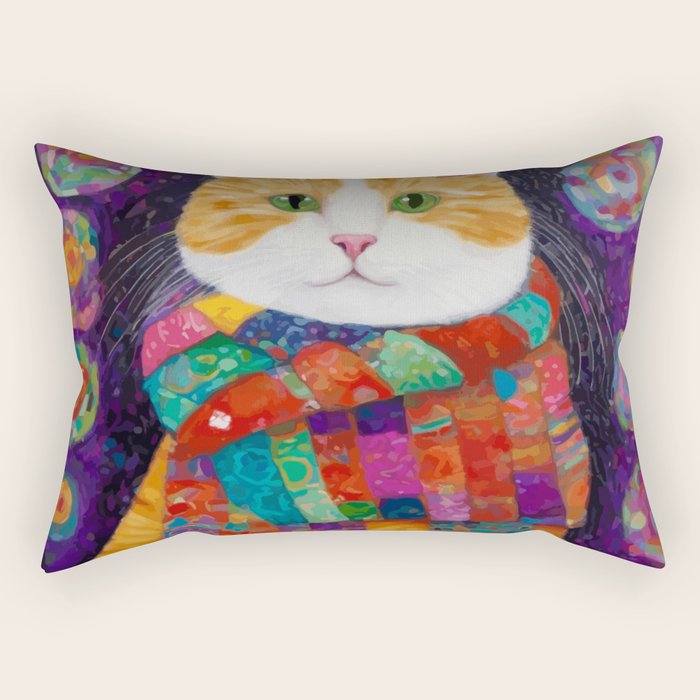 Gustav Klimt Style Painting of Tabby Cat with Green Eyes Rectangular Pillow Gallery Image 2