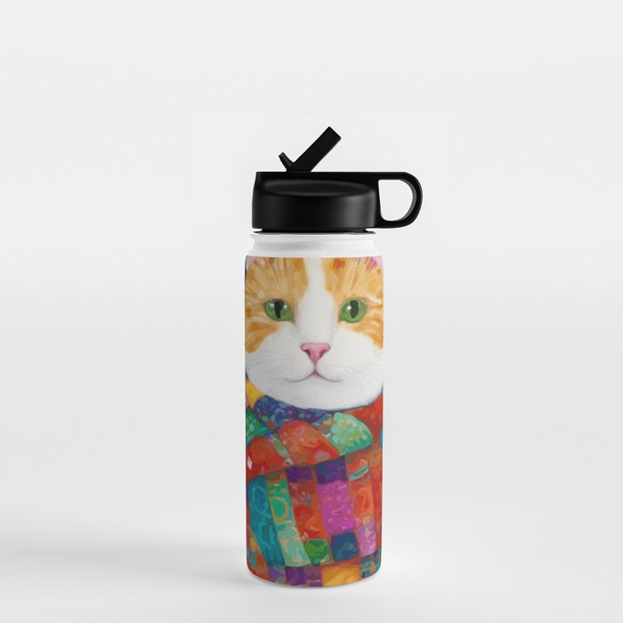 Gustav Klimt Style Painting of Tabby Cat with Green Eyes Water Bottle Gallery Image 1