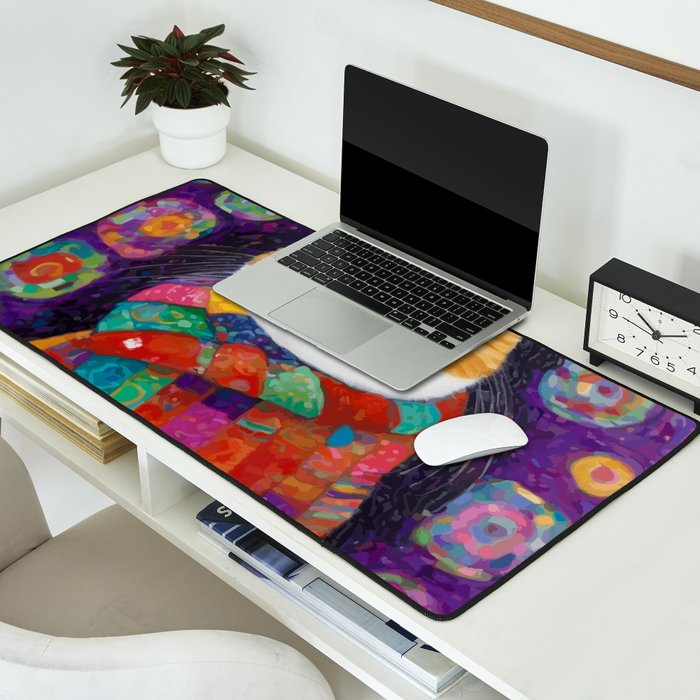 Gustav Klimt Style Painting of Tabby Cat with Green Eyes Desk Mat Gallery Image 2