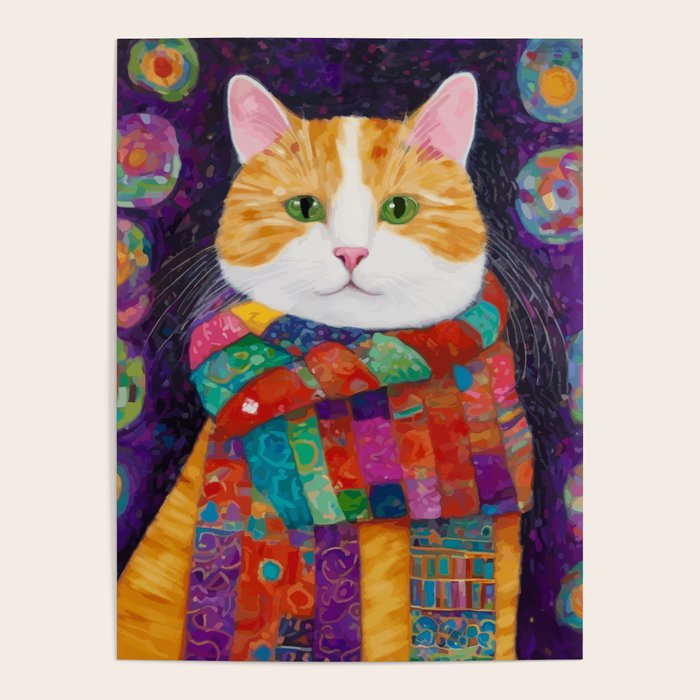 Gustav Klimt Style Painting of Tabby Cat with Green Eyes Poster Gallery Image 4