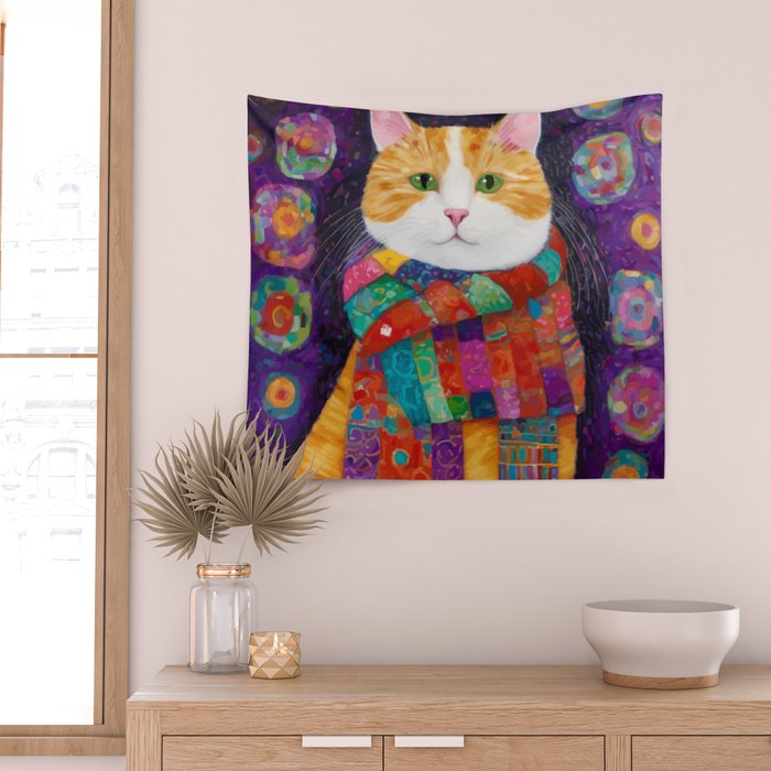 Gustav Klimt Style Painting of Tabby Cat with Green Eyes Wall Tapestry Gallery Image 2