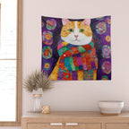 Gustav Klimt Style Painting of Tabby Cat with Green Eyes Wall Tapestry Gallery Image 2