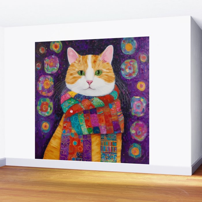 Gustav Klimt Style Painting of Tabby Cat with Green Eyes Wall Mural Gallery Image 2