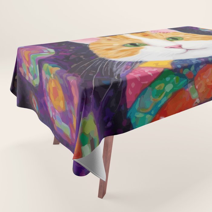 Gustav Klimt Style Painting of Tabby Cat with Green Eyes Tablecloth Gallery Image 1